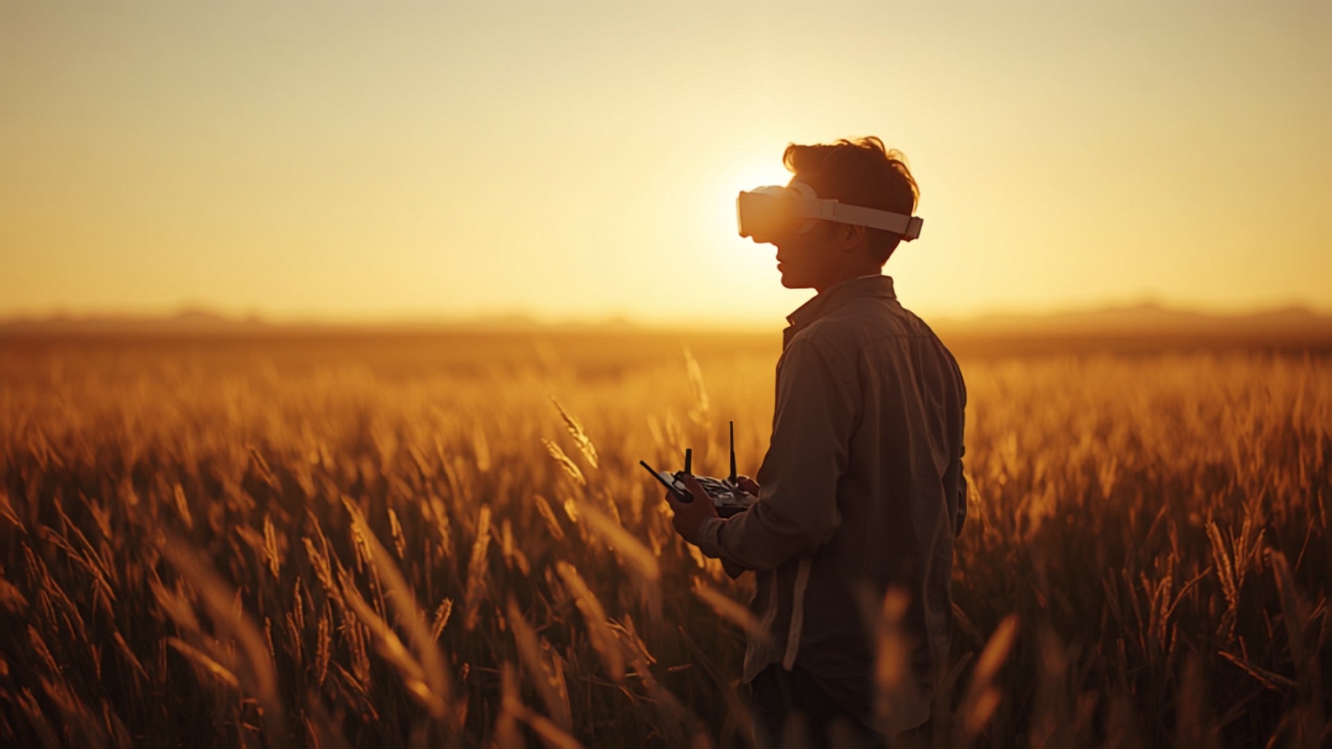 FPV pilot with goggles at golden hour - Sub50 banner